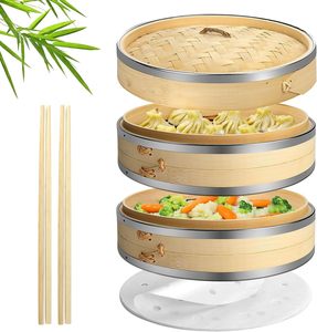 Cesta <span class=keywords><strong>Vaporera</strong></span> de Bambú Profunda de 2 Niveles, <span class=keywords><strong>Vaporera</strong></span> Artesanal para Dim Sum de 10 Pulgadas, Cesta de Madera de Bambú de 2 Niveles con Tapa - Product Image 1