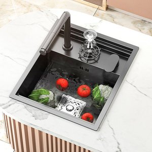 อ่างล้างจานแบบฝังใต้เคาน์เตอร์สีดำด้าน พร้อมที่ล้างแก้วและฝาปิด ทำจากสแตนเลส 304 อ่างเดี่ยวขนาดเล็กสำหรับห้องครัว - Product Image 1