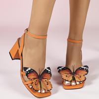 Sandales à talons carrés bas et bride cheville pour femme, couleur orange