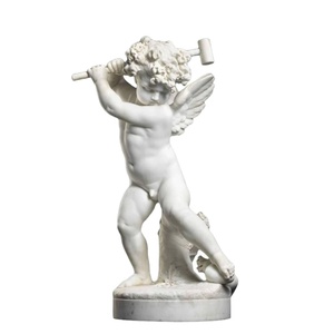 Statua di Angelo in Marmo Bianco Personalizzabile, Cupido Alato Scolpito a Mano per Interni ed Esterni, Giardini e Ville - Product Image 1
