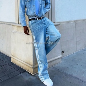 Jeans personnalisés pour hommes, taille haute, coupe droite, style baggy, streetwear tendance, vintage, avec strass - Product Image 3