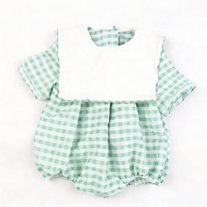 Personalized Woven Gingham Summer Sleeveless Toddler Outfit Bib Collar Cotton Baby Unisex Bubble Romper <strong>Onesie</strong> - Product Image 4