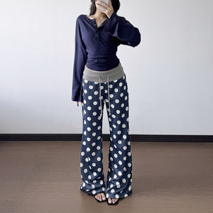 Pantalones Largos Rectos para Mujer con Bloques de Color y Estampado de Puntos, Cintura Elástica con Cordón, Ajuste Regular, Casuales y Relajados, 100% Algodón - Product Image 2