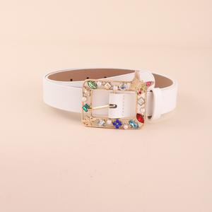 Ceinture PU en cuir de vachette Simple élégante pour femmes longueur réglable coloré strass incrusté boucle en alliage élégant Simple ceinture en PU - Product Image 1