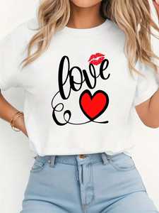 T-shirt da donna per San Valentino, taglie forti, stampa romantica a cuore, girocollo, casual, primavera estate, manica corta, 100% cotone - Product Image 1