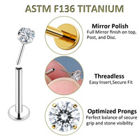Piercing d'oreille Freya en titane ASTM F136 sans filetage pour tragus, hélix et cartilage, pour femme, 16G, avec dos plat et système Push Pin