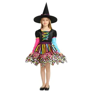 Halloween Costume For Kids Stage Costumes Colorful Polka Dot Dress Party Beautiful Party Witch Dress with Hat