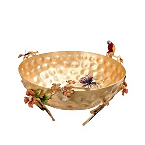 Idées de cadeaux de remerciement pour mariage et Diwali : Bol en métal martelé doré avec base, motif floral, oiseaux et papillons en émail coloré, idéal comme centre de table - Product Image 1