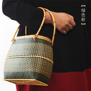 Panier à main en bambou en forme de seau, écologique, pour filles, accessoire photo, utilisation sur scène, couleur unie - Product Image 1