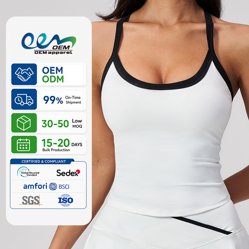 OEM Activewear Factory Private Label Yoga Manufacturer Women Sleeveless Contrast Trim Built in Bra Workout Yoga Sports Top