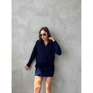 Conjunto de Falda y Suéter de Punto Azul Marino con Cierre, Talla S, Estilo Bodycon, Atuendo Moderno para Mujer - Product Image 3