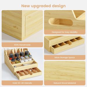 Wooden Kitchen Utensil <b>Rack</b> With Drawer Storage Box For Countertop Organization And Spice Jar Holder - Product Image 3