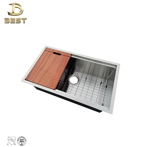 Évier de cuisine à une cuve en acier inoxydable brossé fait à la main du Vietnam monté sur le dessus sans robinet et accessoires - Product Image 2