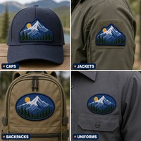 Patch brodé 3D en relief en forme de sommet de montagne, thermocollant pour chapeaux, personnalisable pour l'extérieur 	 Patch brodé montagne