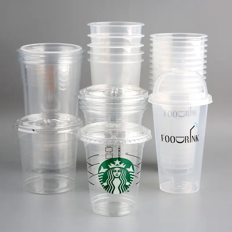 Logo personnalisé gobelets en plastique PET pla vente en gros 8 10 12 16 32oz gobelets à café jetables en plastique transparents avec couvercle