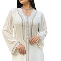 イスラム教徒の女性新しいVネックアバヤローブパーティードレス白いイスラム教徒のアバヤ女性白と金のアバヤドレス