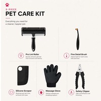 Kit pro de toilettage 5 pièces pour animaux : brosse à rouleau autonettoyante, coupe-ongles, grattoir, gant de démêlage.