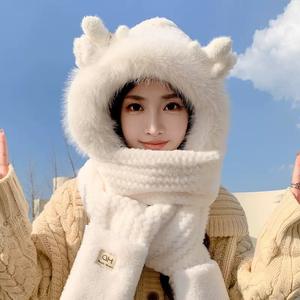 Winter Letters Antlers Jacquard Warm Hat Long Ear Protection Plush <span class=keywords><strong>Gloves</strong></span> Scarf Set Imitation Rabbit Fur Windproof Thickened - Product Image 3