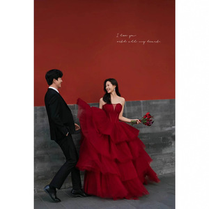 Wedding Dress Ball Gown Dark Red Tulle Sweetheart Neckline Empire Waistline Floor Length Style - Product Image 3