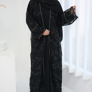 Turkish Floral Embroidery Crepe Abaya Dress for Adults Open Muslim Women's Puff Sleeves <strong>Kaftan</strong> for Eid Long Robe From Dubai Arab - Product Image 3