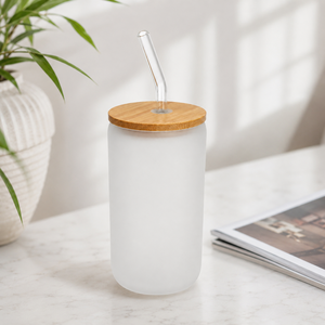 Vaso de vidrio esmerilado con forma de lata de 16 oz, con tapa de bambú y pajita, para suministros de cafeterías, en blanco para grabado láser, stock local en EE. UU. - Product Image 6