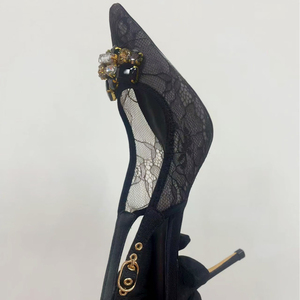 Women High Heels Stiletto Summer Pointed Toe Rhinestones Slingback Shoes Dress on Back Strap Sexy <b>Black</b> Lace <b>Pumps</b> - Product Image 3