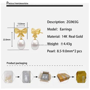 New Arrival 14k Solid Yellow Gold Pearl Stud Earrings Au585 Gold Earring Bowknot Design Elegant Style Beautiful Gift For Woman