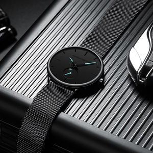 Reloj de Lujo para Hombre, Diseño Minimalista Hueco Tallado, Correa de Malla Negra, Reloj de Pulsera de Cuarzo para Negocios <span class=keywords><strong>y</strong></span> Moda - Product Image 3