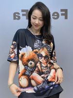 Kaos Wanita LFF-7812/Cross-border Kerah Lebar Lengan Pendek Katun Poliester Musim Panas Fashion Korea Berhias Manik-Manik