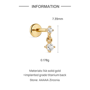Labret de titanio G23 de grado implante con diseño de circonitas de varios tamaños en oro macizo de 14K, rosca interna, cabeza plana, minimalista, para oreja. - Product Image 4