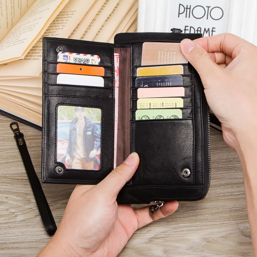 Temas uzun cüzdan erkek kart cüzdan deri lüks ile erkekler için rahat ince hakiki deri RFID telefon cebi