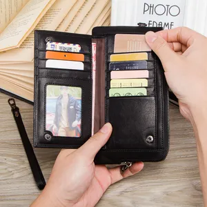 Contact dompet panjang kulit asli pria, dompet panjang RFID kasual ramping dengan saku ponsel untuk lelaki