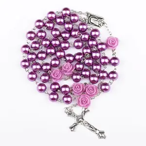8mm Catholicism Purple Prayer Jesus Cross Necklace Beads Pearl Rose Christian Rosary