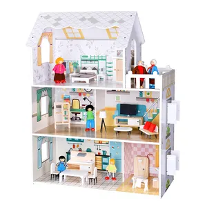 Wooden Pretend Role Play DIY Educational Toy Big Kids Villa With Doll Room Furniture Wooden Doll House