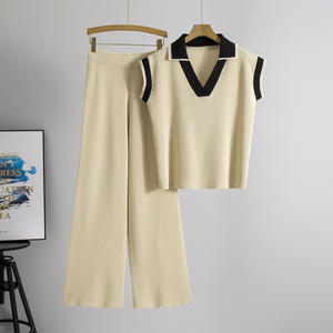 Women's New Loose Casual V-Neck Sleeveless Knit <b>Top</b> Pants 2 Piece Set Fashion - Product Image 6