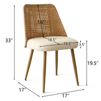 Ensemble de chaises de salle à manger en rotin pour l'extérieur, dossier tissé avec siège en coton et lin rembourré, pieds en métal en placage de chêne, rembourrage en éponge confortable