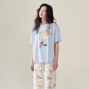 Conjunto de Pijama Feminino de Algodão de Manga Longa Pronto para Envio, 2 Peças com Sutiã, Estampa Floral, Roupas de Lazer para o Verão - Product Image 2