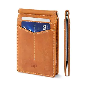 Billetera de bloqueo RFID de cuero genuino para hombre, billetera de bolsillo frontal minimalista, plegable, con Clip para dinero, gran oferta
