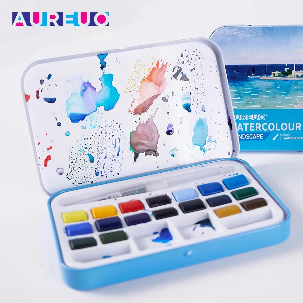 AUREUO 18 색 쉬운 혼합 양철 상자 Aquarell 솔리드 풍경 수채화 세트 브러시 펜