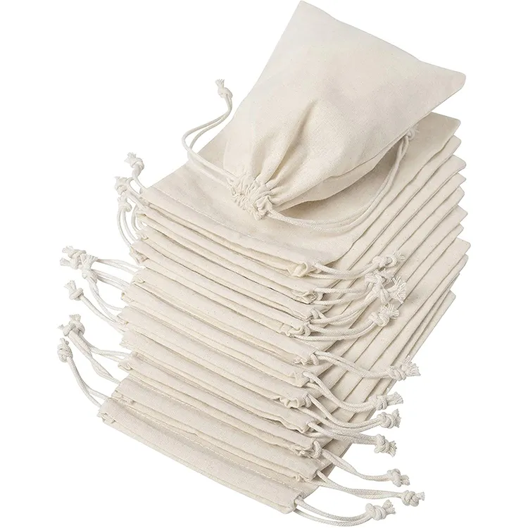 High quality small custom logo organic cotton drawstring cord bag