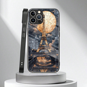 Coque arrière de téléphone portable en verre PC TPU avec impression Tour Eiffel et lune pour <span class=keywords><strong>iPhone</strong></span> X Xr XS 11 12 13 14 15 16 17 18 <span class=keywords><strong>Pro</strong></span> Max - Product Image 2