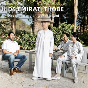 Thobe Musulmano Lungo per Bambini e Ragazzi, Stile Emirati di Dubai, Colore Bianco Oman, per <span class=keywords><strong>Preghiera</strong></span>, Estivo e Autunnale, in Poliestere - Product Image 2