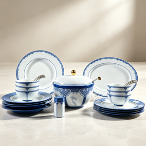 Service de table en céramique bleu et blanc, design chinois traditionnel haut de gamme, résistant à la chaleur, cadeau de mariage, cadeau de pendaison de crémaillère - Product Image 1