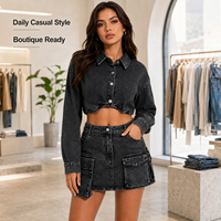 Ensemble deux pièces en jean pour femme de haute qualité : veste courte en denim extensible en coton et jupe longue unie au-dessus du genou