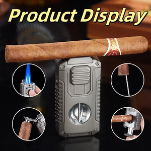 Allume-cigare tout-en-un avec coupe-cigare intégré Porte-cigare à coupe en V Allume-cigare à triple jet coupe-vent avec boîte cadeau - Product Image 3