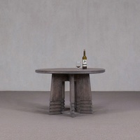 Table basse ronde en bois massif gris délavé avec base géométrique à niveaux, table d'appoint pour salon de ferme, villa, décoration intérieure