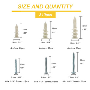 Nylon Drywall Anchors Kit 310Pcs Self Drilling Hollow Wall Anchors With Screws For General Industry Use - Product Image 4