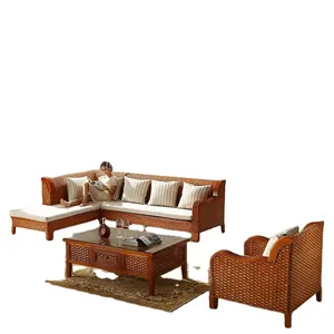 Hotselling anyaman bambu tebu furnitur kayu sofa harga yang ditetapkan