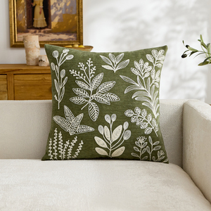 Housse de coussin brodée de luxe, motif feuille botanique bohème, en coton et lin, pour canapé et fauteuil - Product Image 4