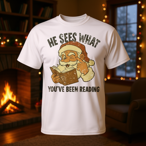 Él ve lo que has estado leyendo, camiseta navideña con diseño de lectura literaria - Product Image 3